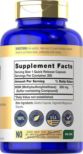 Carlyle MSM Supplement | 500mg | 200 Capsules | Non-GMO and Gluten Formula | Methylsulfonylmethane
