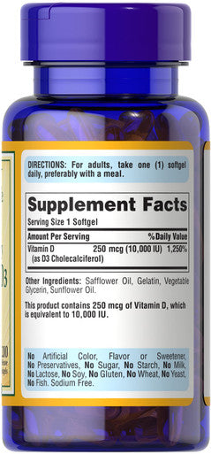Puritans Pride Vitamin D3 250 mcg (10,000 IU)-200 Softgels White