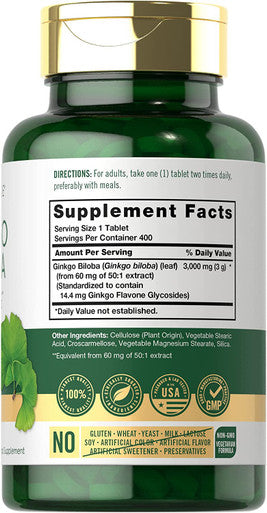 Carlyle Ginkgo Biloba 3000mg | 400 Tablets | Vegetarian Supplement | Non-GMO, Gluten Free