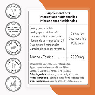Supersmart Taurine 2000 mg Per Day Antioxidant Amino Acid Boost Physical Mental Performance Sport Nutrition NonGMO Gluten Free 100 Tablets