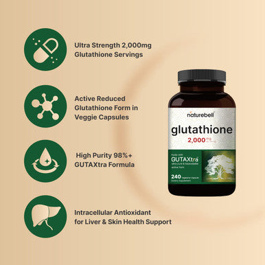 NatureBell Glutathione Supplement 2,000mg Per Serving 240 Veggie Capsules 98% Purity Verified Bioavailable Reduced Glutathione Pills Active Form Master Antioxidant Vegan Friendly & Non-GMO