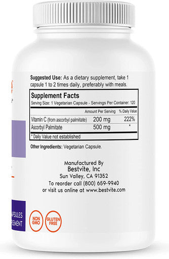 Ascorbyl Palmitate 500mg (120 Vegetarian Capsules) - No Stearates - No Fillers - No Flow Agents