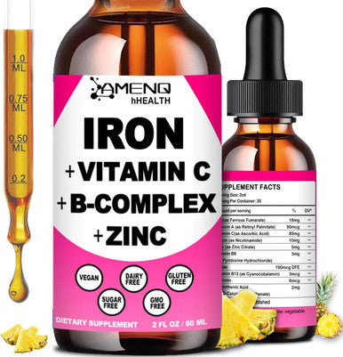 Iron Supplement For Women Men & Kids, Iron Vitamin C, A, B-Complex, Vegan Iron Drops High Potency Liquid Vitamin & Iron Supplements For Anemia, Red Blood Cell, Energy, Blood Builder, Gentle Iron