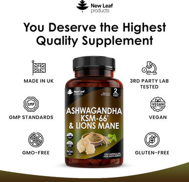 Ashwagandha Ksm-66 And Lions Mane Capsules - High Strength 2000Mg Ksm-66 Ashwaghandha Root Extract And Lions Mane Mushroom Extract - 120 Vegan Capsules With Black Pepper - Uk Made By Leaf