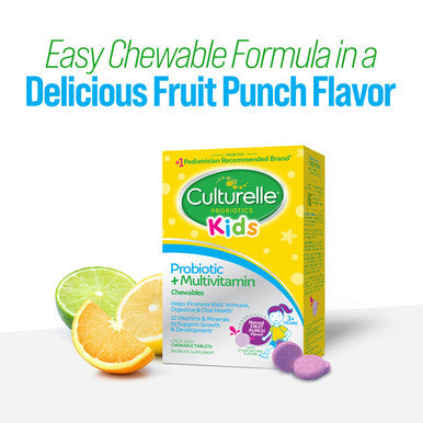 Culturelle Kids Probiotic Complete Multivitamin Chewable Promotes Immune Digestive Oral Health With 11 Vitamins Minerals including Vitamins C D Zinc NonGMO Fruit Punch Flavor 30 Count