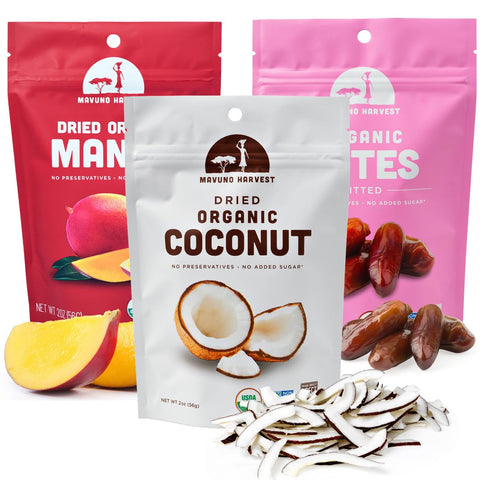 Mavuno Harvest Organic Dried Fruit Variety Pack | Dried Mango, Papaya, Pineapple, Banana, Jackfruit, & Tropical Mix | Healthy, Vegan, No Sugar Added, Non GMO Snacks for Kids & Adults | 2 Ounce, 6 Pack