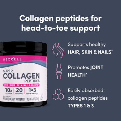 Neocell Super Collagen Peptides 10G Collagen Peptides Per Serving Gluten Free Keto Friendly Non-Gmo Grass Fed Healthy Hair Skin Nails And Joints Unflavored Powder 7 Oz. 1 Canister