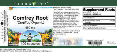 Terravita Comfrey Root (Certified Organic) - 450 Mg (100 Capsules, Zin: 517626) - 3 Pack