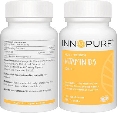 INNOPURE Vitamin D Tablets 4000 IU - High Strength D3 Supplement - 365 Tablets, 1 Year Supply - Vegetarian Society Approved - Made in the UK