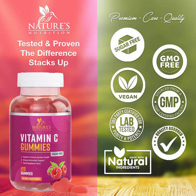 Sugar Free Vitamin C Gummies for Adults & Kids - Vegan Immune Support & Antioxidant Vitamins - Non-GMO, Dairy & Gluten Free C Vitamins - Vegetarian, Raspberry Flavor Nature's Supplements - 120 Gummies