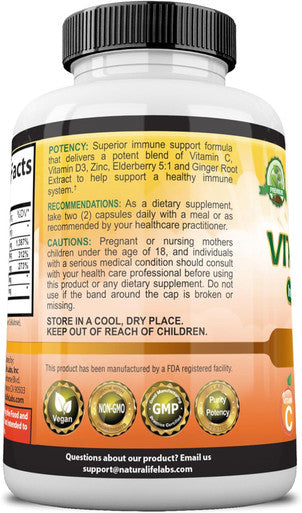 Naturalife Labs A Higher Standard Vitamin C 1,700 Mg With Vitamin D3, Zinc, Elderberry, Ginger Root - Maximum Strength Multi System Immune Support- 100 Veggie Capsules