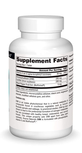 Source s DIM, Diindolylmethane 200mg with BioPerine, Vitamin E & More - 60 Tablets