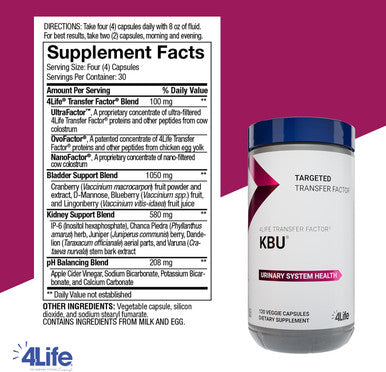 4Life KBU - Urinary Support Supplement Transfer Factor for Bladder & Kidney Health - Cranberry Blueberry Dandelion & Juniper Berry - Supports Immune System & Cleansing - 120 Veggie Capsules