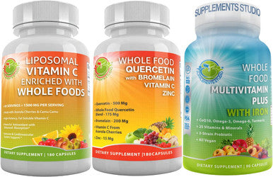 Complete Daily Vitamins Quercetin With Bromelain Supplement Bundle Up With Multivitamin Plus For Men Women With Iron And Liposomal Vitamin C Liquid Gel For Immune Respiratory Digestive Support