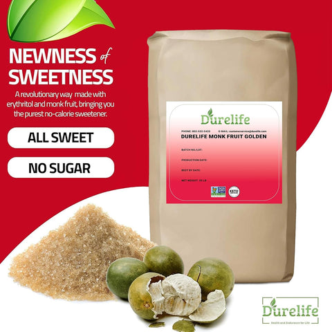 Durelife Golden Monk Fruit Sweetener, 1:1 Sugar Replacement, Keto Diet Friendly, Zero Calorie, Kosher Sugar Substitute, Golden - 10 lb Bulk Size