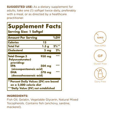 Solgar Triple Strength Omega 3 950 Mg - 100 Softgels Pack Of 2 - Supports Cardiovascular Joint & Skin Health - Non-Gmo Gluten Free Dairy Free - 200 Total Servings