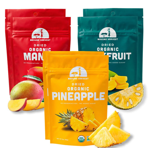 Mavuno Harvest Organic Dried Fruit Variety Pack | Dried Mango, Papaya, Pineapple, Banana, Jackfruit, & Tropical Mix | Healthy, Vegan, No Sugar Added, Non GMO Snacks for Kids & Adults | 2 Ounce, 6 Pack