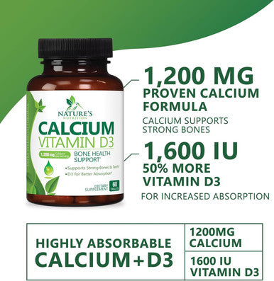 Calcium 1200 Mg With Vitamin D3, Calcium Supplement Vitamins, Supports Bone Strength, Teeth & Immune System, Calcium Supplements For Women & Men, Nature'S Absorbable Calcium Carbonate - 60 Tablets
