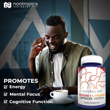 and L-Theanine Capsules | 60 Count | Contains 200mg of and 100mg of L-Theanine | Nootropic Supplement | Energy Booster | Mental Focus + Alertness | Coffee Alternative