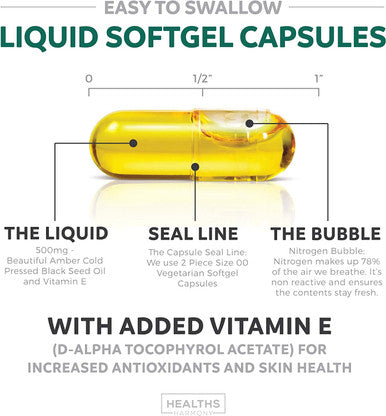 Black Seed Oil 120 Softgel Capsules NonGMO Vegetarian Premium ColdPressed Nigella Sativa Producing Pure Black Cumin Seed Oil with Vitamin E 500mg Each 1000mg Per Serving