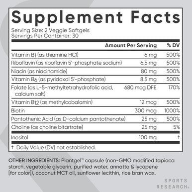 Sports Research Vitamin B-Complex - Full Spectrum Of B Vitamins - Plant-Based Vegan-Friendly Formula - 60 Veggie Softgels