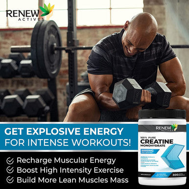 Renew Actives Creatine Monohydrate Powder, Ultimate Post Or Pre Workout Powder For Muscle Growth, Mass Gainer, And Increased Strength, 100% Pure Creatine Powder 5G Per Serving/ 60 Serving