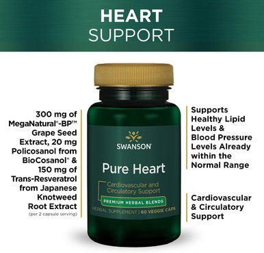 Swanson Pure Heart Cardiovascular Circulatory Health Antioxidant Resveratrol Blood Pressure Cholesterol Support Herbal Supplement 60 Veggie Capsules (Veg Caps) Vegan