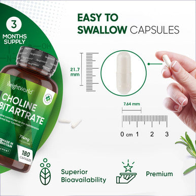 Weightworld Vegan Choline Supplement 714mg - 3 Months Supply (180 Capsules) - Liver Supplements - Choline Bitartrate for High Absorption - Contributes to Metabolism (EFSA) - Choline Inositol Tablets Alternative