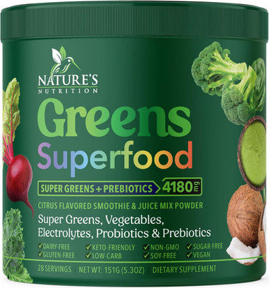Nature'S Nutrition Greens Superfood Powder - Original Organic Greens Smoothie & Juice Mix Powder Antioxidants & Probiotics Spirulina Chlorella Beet Root Whole Foods Digestive & Energy Health Support - 28 Servings