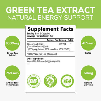 Green Tea Extract 98% Standardized EGCG - 3X Strength for Natural Energy - Heart Support with Polyphenols - Gentle Caffeine - 240 Capsules