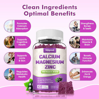 Calcium Magnesium Zinc Gummies - 1000Mg Calcium With Vitamin D3 & K2, Calcium Citrate Gummies For Bone, Muscle, Calm & Zzz Support -High Absorption Magnesium, Elderberry Flavored, 60 Count