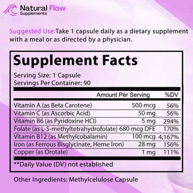 Iron Supplement 2-In-1 Complete Complex - Natural Flow 2X Heme And Chelated Non Heme Iron Bisglycinate, Folate, B And Vitamin C, For Anemia And Blood Building Support, Gentle On Stomach, 90 Caps