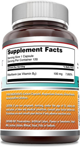 Amazing Nutrition Formulas Riboflavin (Vitamin B2) Supplement |100 Mg Per Serving | 120 Capsules | Non-GMO | Gluten | Made in USA