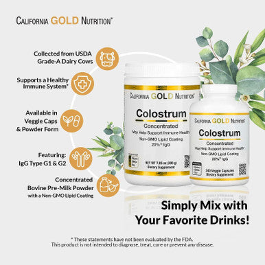Colostrum By California Gold Nutrition - Concentrated Bovine Pre-Milk Supplement Featuring Immunoglobulins - Immune Support - Gluten Free, Non-Gmo, No Antibiotics - 240 Veggie Capsules