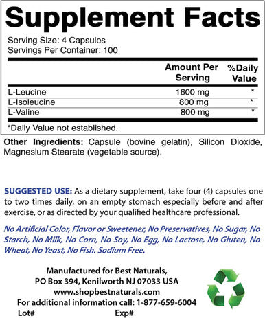 Best Naturals BCAA Branch Chain Amino Acid 3200mg per Serving 400 Capsules - Pharmaceutical Grade - 100% Pure Instantized Formula | Pre/Post Workout Bodybuilding Supplement | Boost Muscle Growth