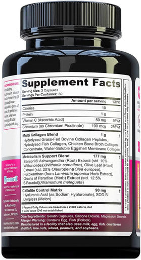 Multi Collagen Burn MultiType Hydrolyzed Collagen Protein Peptides with Hyaluronic Acid Vitamin C SOD B Dimpless Types I II III V and X Collagen Caffeine Unflavored Capsules