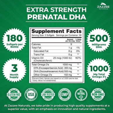 Zazzee Extra Strength Prenatal DHA, 500 mg, 180 Enteric Coated Softgels, 1000 mg Omega 3Ãƒâ€šÃ¢â‚¬â„¢s, 1000 IU Vitamin D3, Burp Free, No Fishy Aftertaste, Superior Triglyceride Form, Purified Deep Sea Fish Oil