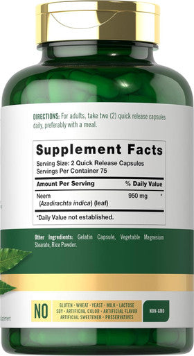 Carlyle Neem Leaf | 950mg | 150 Powder Capsules | Non-GMO and Gluten Formula | Value Size | Traditional Herbal Supplement | Azadirachta Indica