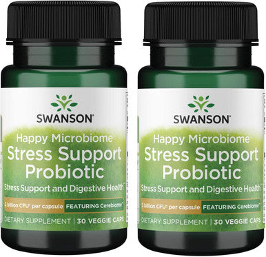 Swanson Happy Microbiome Stress Support Probiotic - Featuring Cerebiome 3 Billion Cfu 60 Veg Caps 2 Pack