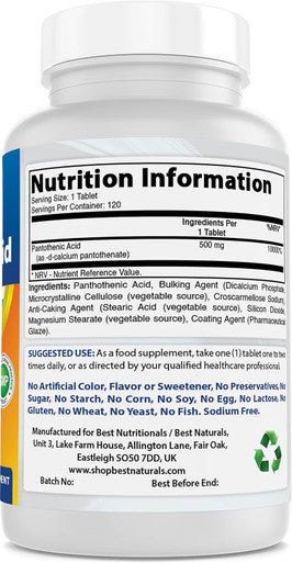 Best Naturals Pantothenic Acid 500 mg 120 Tablets