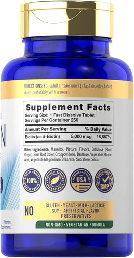 Carlyle Biotin 5000mcg | 250 Fast Dissolve Tablets | Vegetarian Non-GMO Gluten Supplement