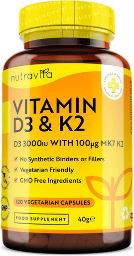 Vitamin D3 3000Iu & K2 100Ug (Mk7) 120 Vitamin D3 K2 Vegetarian Capsules Supports Normal Bones, Muscles, Teeth And Immune System Cholecalciferol & Menaquinone-7 Made By Nutravita