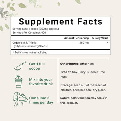 Micro Ingredients Organic Milk Thistle Tea Powder 3.5 ounces | 400 Servings | Premium Milk Thistle Liver Detox Supplement | Contains Active Silymarin | Non-GMO Vegan Friendly Eco-Friendly Recyclable Bags