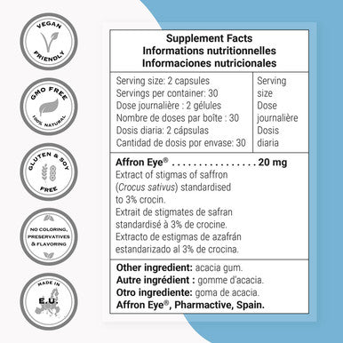 Supersmart Affron Eye 20 mg Per Day Extract of Saffron Stigmas Crocus Sativus Standardized to 3 Crocin Eye Health Supplement NonGMO Gluten Free 60 Vegetarian Capsules