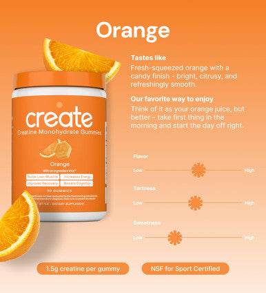 Create Creatine Monohydrate Gummies for Men and Women Boost Focus Strength and Endurance Anti-Melting Formula Vegan Gluten-Free Non GMO 1.5g of Creatine per Gummy Orange 90 Count