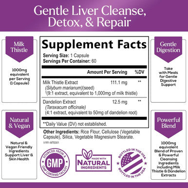 Milk Thistle & Dandelion Root Liver Cleanse Detox & Repair - 1000Mg Herbal Liver Support Supplement With Silymarin Marianum - Advanced Liver Health Support Formula For Detox & Repair - 60 Capsules