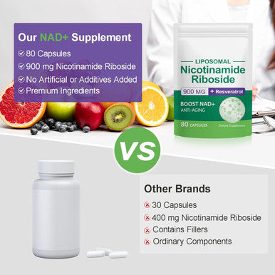 Nad Nicotinamide Riboside 900, Nicotinamide Riboside, Nad+ Supplement, With Posomal Resveratrol, Quercetin, Supports Healthy Anti-Aging, Improves Immunity - 80 Capsules