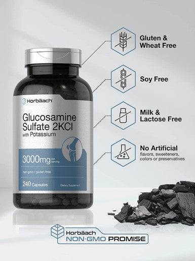 Glucosamine Sulfate 2KCI with Potassium | 3000mg | 240 Capsules | Non-GMO and Gluten Free Supplement | by Horbaach