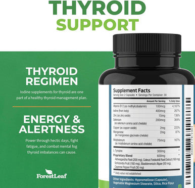 Forestleaf Thyroid Support For Women And Men With Iodine - Energy, Focus & Power Thyroid Supplement - All Natural Herbal Mineral And Vitamin Complex With B12, Zinc, Selenium, Ashwagandha - 60 Vegetarian Capsules