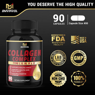 Collagen Capsules Type I II III V X 90 Collagen Pills Manufactured in USA Supports Healthy Joints Skin Care Hair Growth Nails Collagen Supplements for Women Men